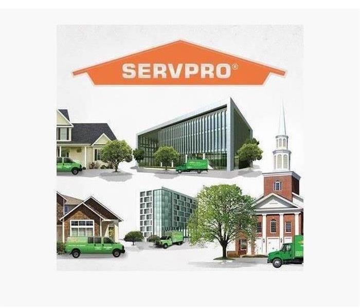 Graphic with images of different commercial properties with a SERVPRO logo at the top. 