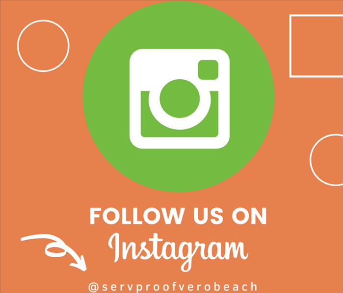 Green Instagram Icon placed on orange background with our handle @servproverobeach