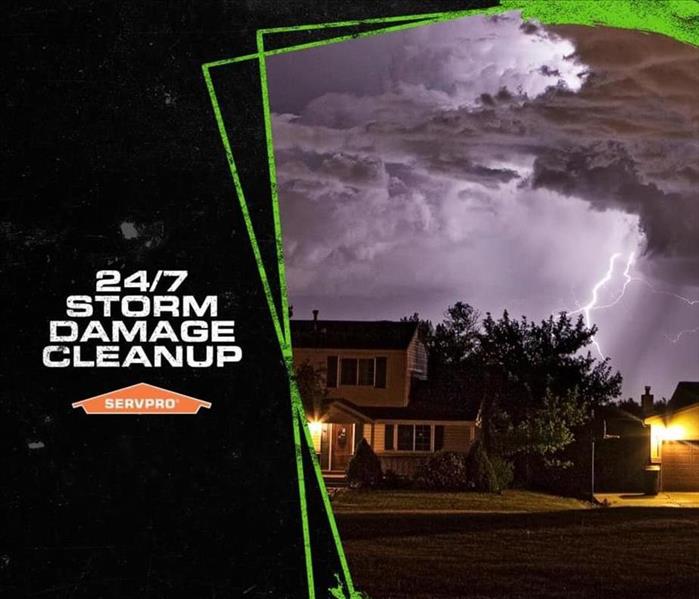 Graphic image of home during storm with the text "24/7 Storm Damage Clean Up"