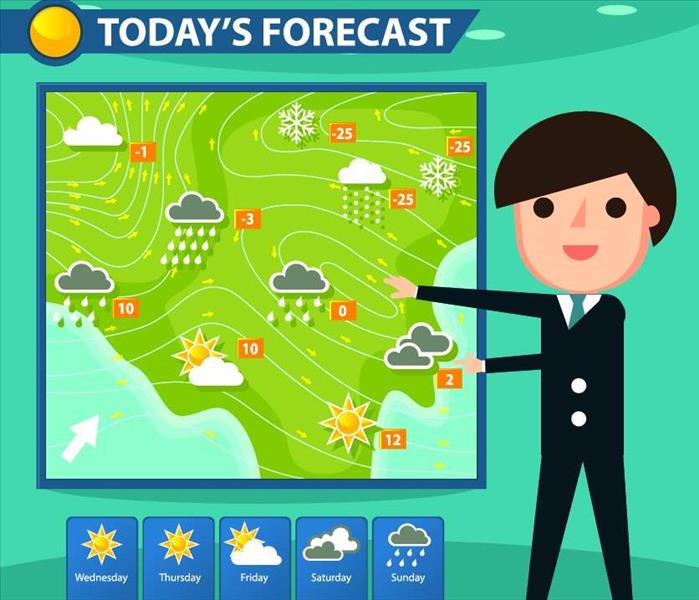 Cartoonish picture of brown hair man in black suit standing in front of green screen showing the weather forecast